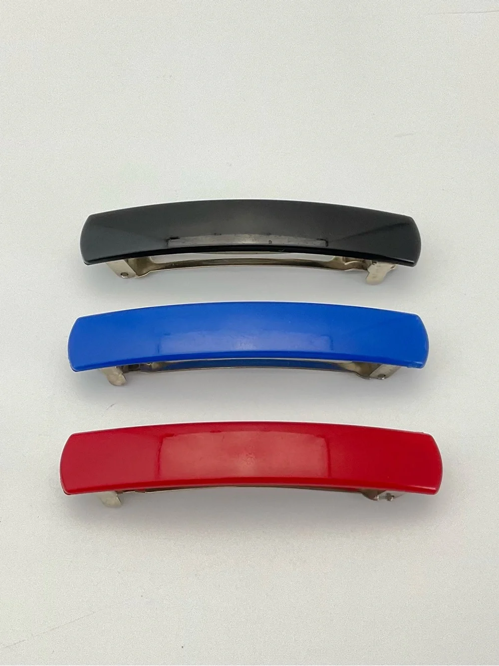 Vintage 80s Trio of Barrettes in Black, Blue & Red, New Wave, Snap Hair Clips